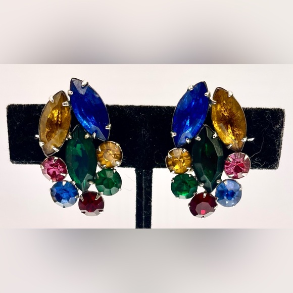 Vintage Jewelry - Vintage Fruit Salad Multi Colored Prong Set Faceted Crystal Screw Back Earrings